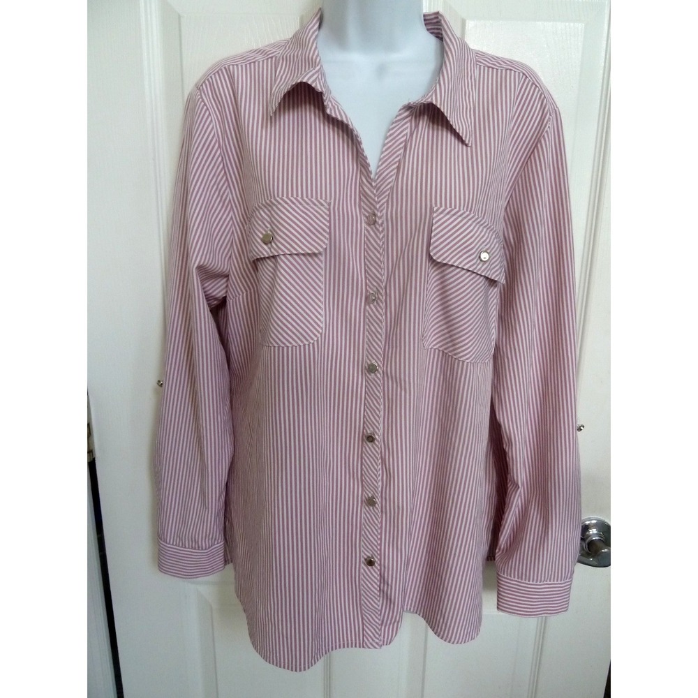 Notations XL Pink White Striped Blouse Roll-Tab Sleeve Career Pockets MSTB0410